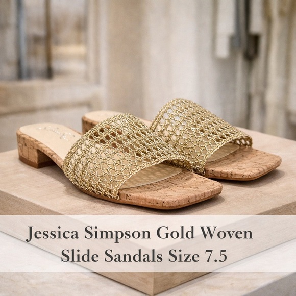 Jessica Simpson Shoes - Jessica Simpson Gold Woven Slide Sandals Cork Footbed Size 7.5